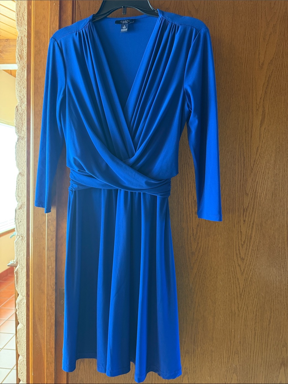 Chaps Electric Blue Faux-Wrap Long Sleeve Dress
